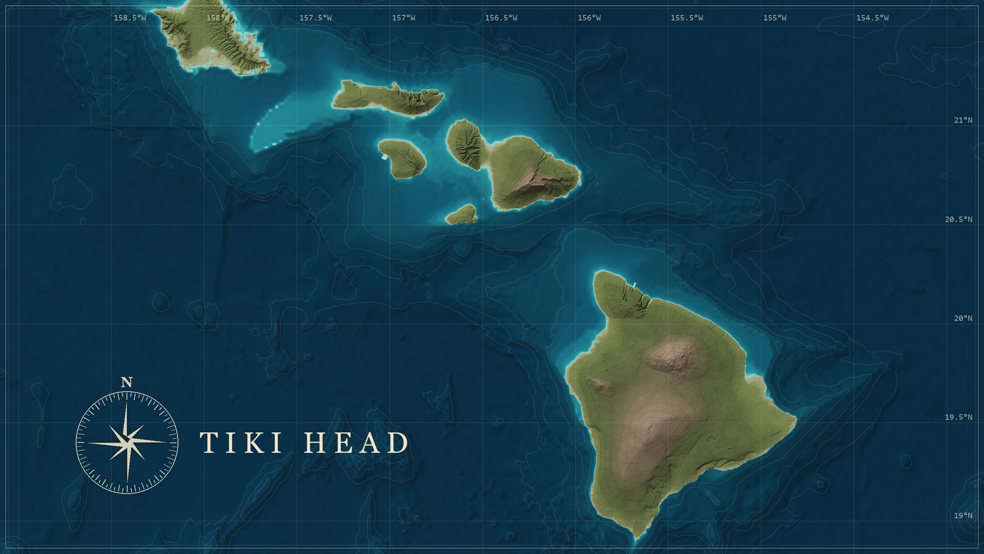 A nautical chart of the main Hawaiian Islands from Oahu to the Big Island, with depth contours, a graticule labelled in degrees, a compass rose and the words Tiki Head.