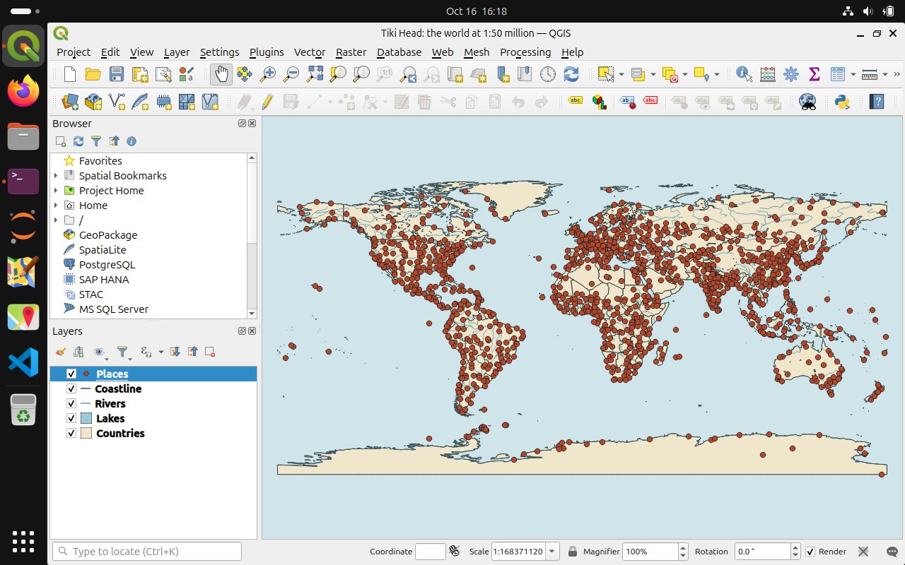 QGIS 3.40 maximised on the Tiki Head desktop with the project “Tiki Head: the world at 1:50 million”: cream countries, blue rivers and lakes and red dots for populated places on a pale blue sea, with the Browser and Layers panels on the left.