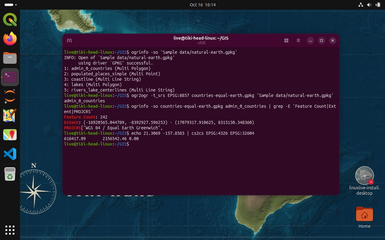 A terminal over the Tiki Head wallpaper: ogrinfo lists the five layers of the sample GeoPackage, ogr2ogr reprojects the countries to Equal Earth, and cs2cs converts Honolulu to UTM zone 4N.